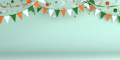 Happy Independence Day of India decoration background, greeting card, banner, template, flyer, balloon, star and ribbon, Bunting flags, confetti on white, copy space text, 3D illustration.