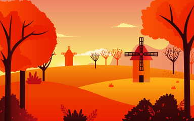 Illustration of windmill houses in a park with large lawns and soothing trees in a beautiful autumn.