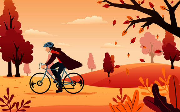 Vector Inspiration from an illustration of a man biking in an autumn afternoon with orange covering.