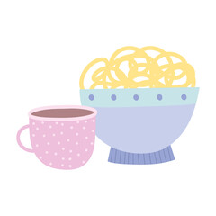 noodles in bowl with coffee cup food isolated icon design