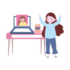 meeting friends, women talking for laptop, keep distance to protection covid-19