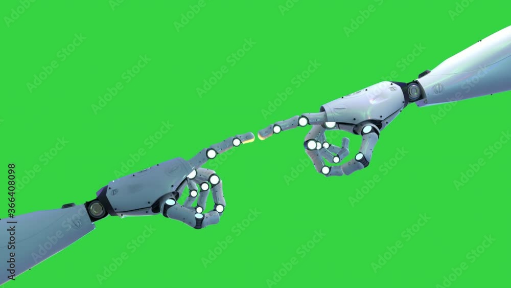 Poster 3d rendering cyborg hand pointing on green screen background 4k animation