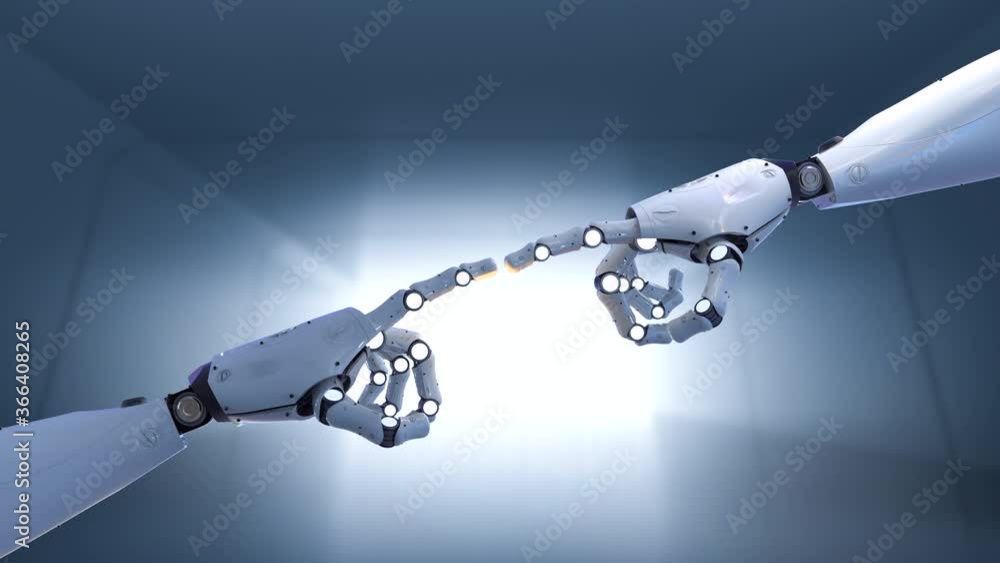 Poster 3d rendering cyborg hand pointing on tunnel background 4k animation