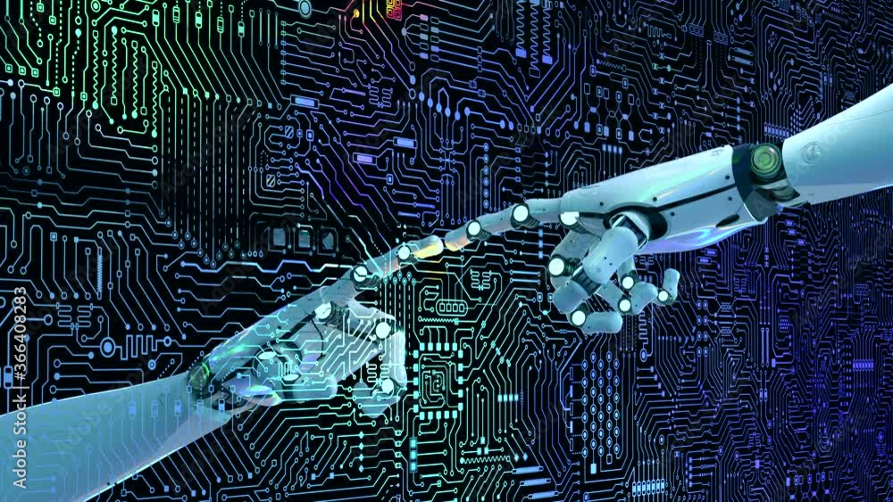 Poster 3d rendering cyborg hand pointing on circuit board background 4k animation