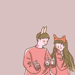 A couple is wearing the same colour shirt while teasing each other on a pink background

