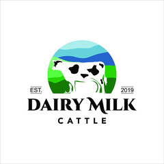 Milk logo cow cattle farm dairy organic drink from fresh agriculture fields vector badge design template