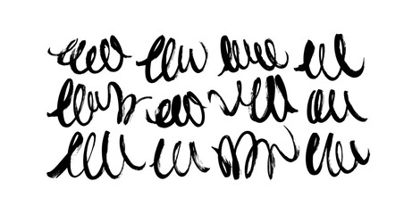 Black dry brushstrokes hand drawn vector set. Curved and zig zag black paint brushstrokes. Grunge smears collection with wavy, doodle, freehand lines. Abstract ink doodle textures. Freehand drawing.