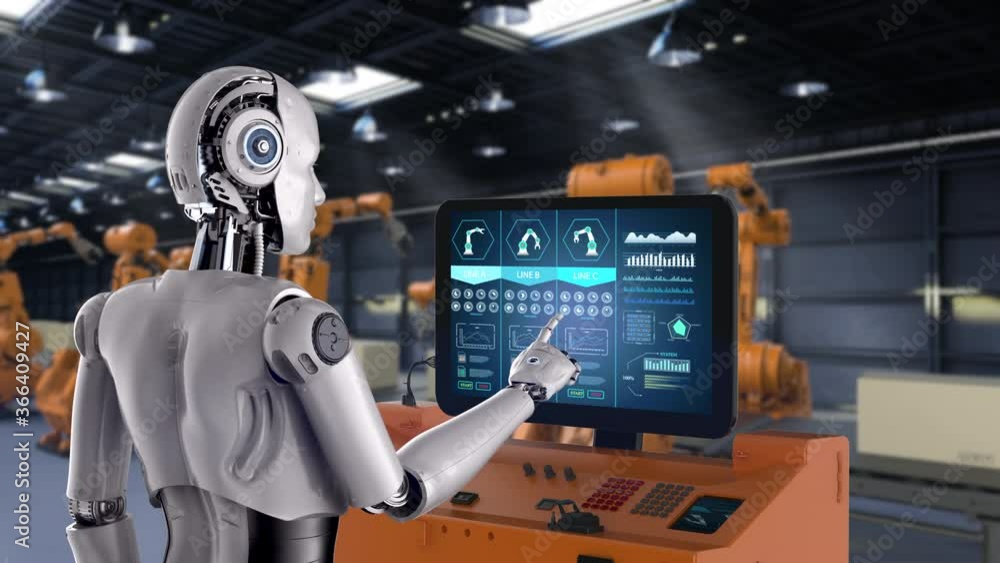 Poster 3d rendering female cyborg with computer monitor in factory 4k animation
