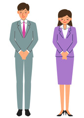 お辞儀するスーツ姿の男女社員