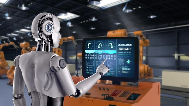 3d rendering female cyborg with computer monitor in factory 4k animation