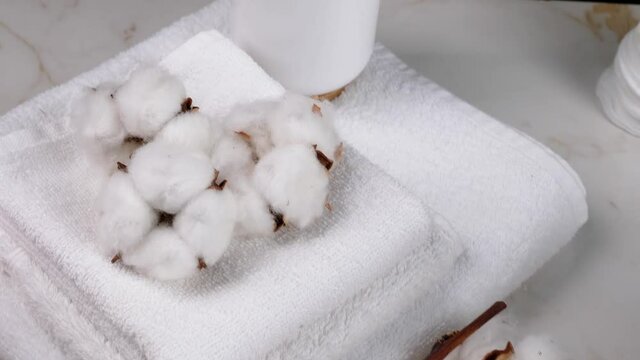 Cotton flowers with clean towels on table