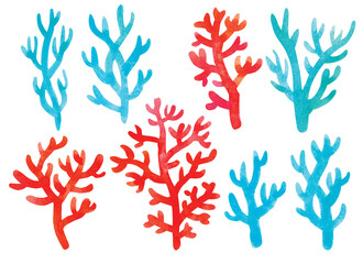 Set of red and blue corals. Hand drawn watercolor illustration. Isolated on white