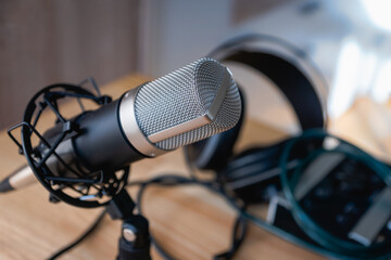 Microphone - professional condenser microphone in a home studio for podcast, music production,...