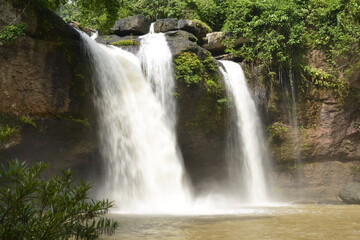 Fototapeta na wymiar Haew Suwat Waterfall on raining day at Khaoyai National Park Korat, Thailand