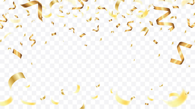 Celebration background party decoration frame template with golden confetti and streamer Ribbon Isolated On Transparent Background. Vector Illustration.