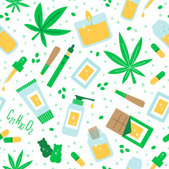 Hemp leaves and cbd oil products seamless pattern background.