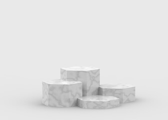 3d white gray hexagon marble and gold podium minimal studio background. Abstract 3d geometric shape luxury object illustration render. Display for cosmetics and beauty fashion product.