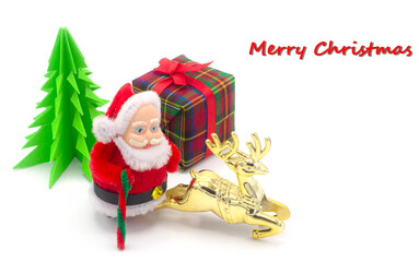 Santa claus and gold reindeer with present 