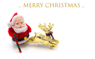 Santa claus and gold reindeer with present 