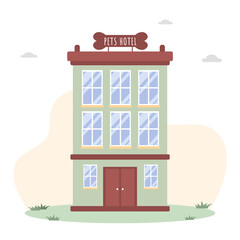 Pets hotel. Veterinary hospital services and domestic animals hotels. Dogs grooming and health check center. Vet clinic, robotic pet sitters metaphors. Vector illustrations in flat style.