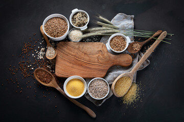 Different types of cereals in bowls