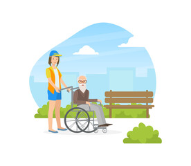 Female Volunteer Helping to Disabled Elderly Man in Wheelchair, Volunteering, Charity, Supporting People Concept Vector Illustration