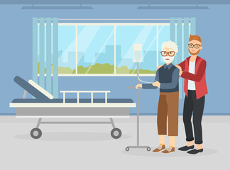 Man Volunteer Helping and Supporting Elderly Man in Hospital, Volunteering, Charity, Supporting People Concept Vector Illustration