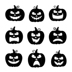 Happy, funny, cute and scary halloween pumpkin set. Holidays cartoon character collection. Vector illustration in flat style.