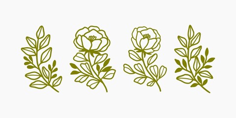 Vector feminine logo design templates in trendy linear minimal style. Peony flowers and botanical leaf branch. Symbols and icons for cosmetics, jewellery, beauty and handmade products