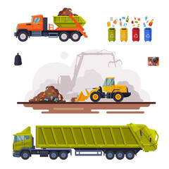 Obraz na płótnie Canvas Garbage Disposal Set, Waste Collection, Sorting, Processing and Recycling Flat Vector Illustration