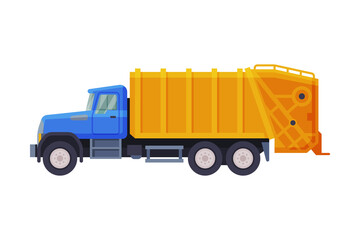 Garbage Truck, Heavy Sanitary Vehicle, Waste Collection, Transportation and Recycling Concept Flat Style Vector Illustration