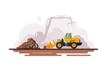 Obraz na płótnie Canvas Yellow Bulldozer for Garbage Cleaning, Waste Recycling Process Flat Style Vector Illustration on White Background