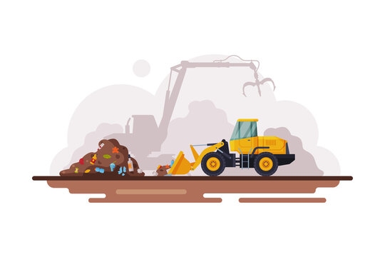 Yellow Bulldozer for Garbage Cleaning, Waste Recycling Process Flat Style Vector Illustration on White Background