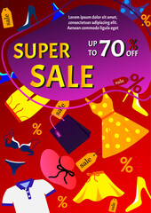Super sale promo banner with clothes and different elements of wardrobe. Vector illustration for special  offer, flyer, advertising, commercial, banner.