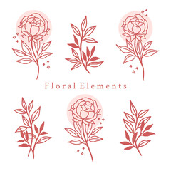 Vector feminine logo design templates in trendy linear minimal style. Peony flowers and botanical leaf branch. Symbols and icons for cosmetics, jewellery, beauty and handmade products