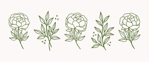Vector feminine logo design templates in trendy linear minimal style. Peony flowers and botanical leaf branch. Symbols and icons for cosmetics, jewellery, beauty and handmade products © Artflorara