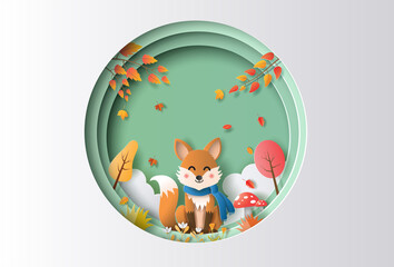 Paper art style of autumn landscape with a happy fox sitting in a forest.