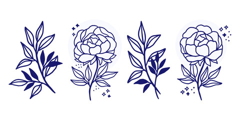 Vector feminine logo design templates in trendy linear minimal style. Peony flowers and botanical leaf branch. Symbols and icons for cosmetics, jewellery, beauty and handmade products © Artflorara