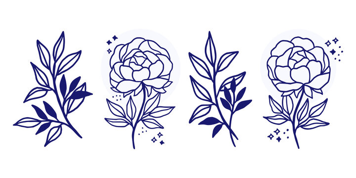 Vector feminine logo design templates in trendy linear minimal style. Peony flowers and botanical leaf branch. Symbols and icons for cosmetics, jewellery, beauty and handmade products