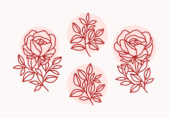 Vector feminine logo design templates in trendy linear minimal style. Rose flowers. Symbols and icons for cosmetics, jewellery, beauty and handmade products