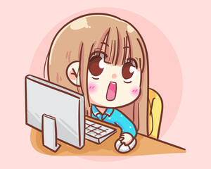 Woman working on computer office cute girl cartoon art illustration Premium Vector