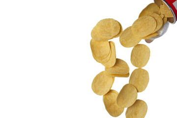 potato chips, golden yellow, isolated on a white background.
