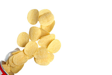potato chips, golden yellow, isolated on a white background.