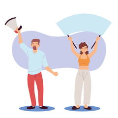 Woman and man cartoons holding banner board and megaphone vector design