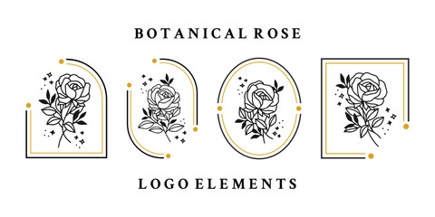 Fototapeta na wymiar Vector feminine logo design templates in trendy linear minimal style. Rose flowers and frames. Symbols and icons for cosmetics, jewellery, beauty and handmade products