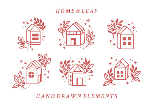 Vector Feminine Logo Design Templates In Trendy Linear Minimal Style. Botanical Leaf And Home. Symbols And Icons For Cosmetics, Jewellery, Beauty And Handmade Products