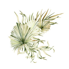 Watercolor boho summer elegant arrangement with hand painted tropical dried palm leaves, branches of green grass. Romantic floral bouquet perfect for fabric textile, wedding greeting cards