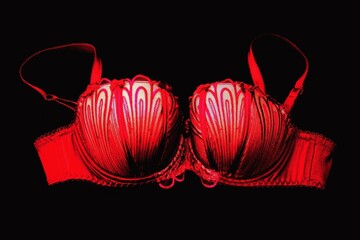 Red lace fashion bra on a black background.