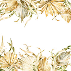 Watercolor boho summer elegant frame with hand painted tropical dried palm leaves, branches of green grass. Romantic floral set perfect for fabric textile, wedding greeting cards © 60seconds