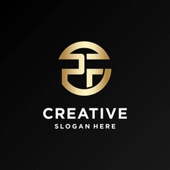 Gradient Golden PF logo design template inside circle